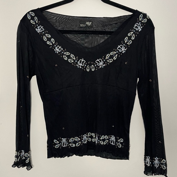 Y2K Black Mesh Translucent Top w/ Beading Details - Picture 1 of 5